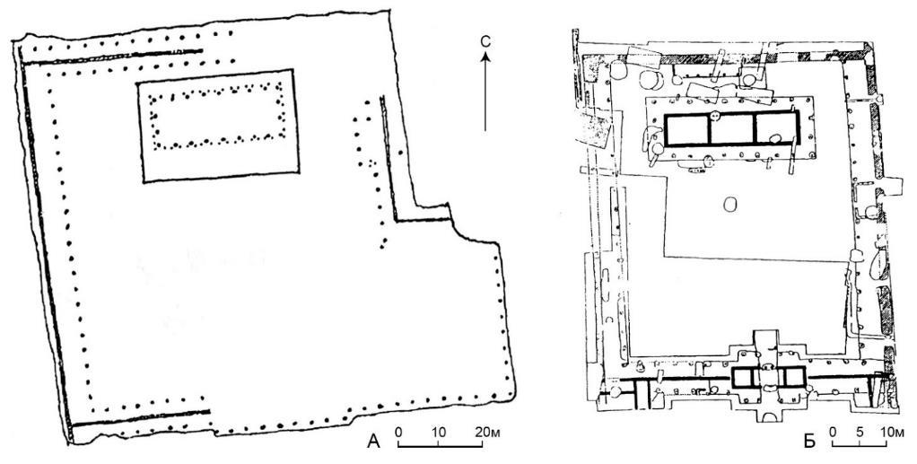 Дворцовые постройки в Эрлитоу: А &ndash; дворец №1, Б &ndash; дворец №2. (схема Шевченко М.Ю.).
